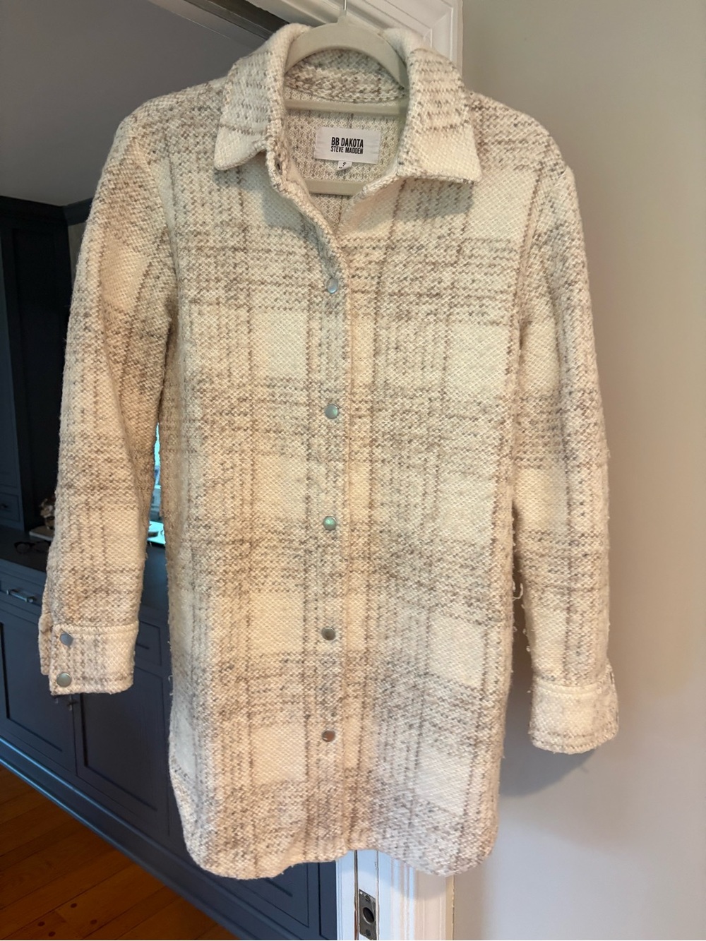 BB Dakota Cream Plaid Bouclé shacket.